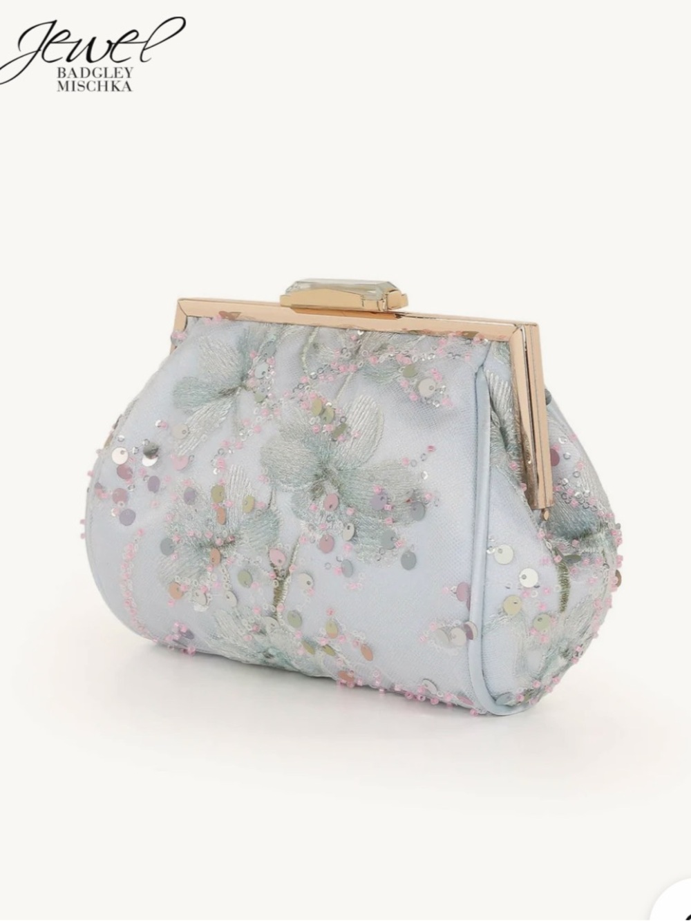 Jewel Badgley Mischka Iris Powder Blue Floral Embellished Pouch Clutch